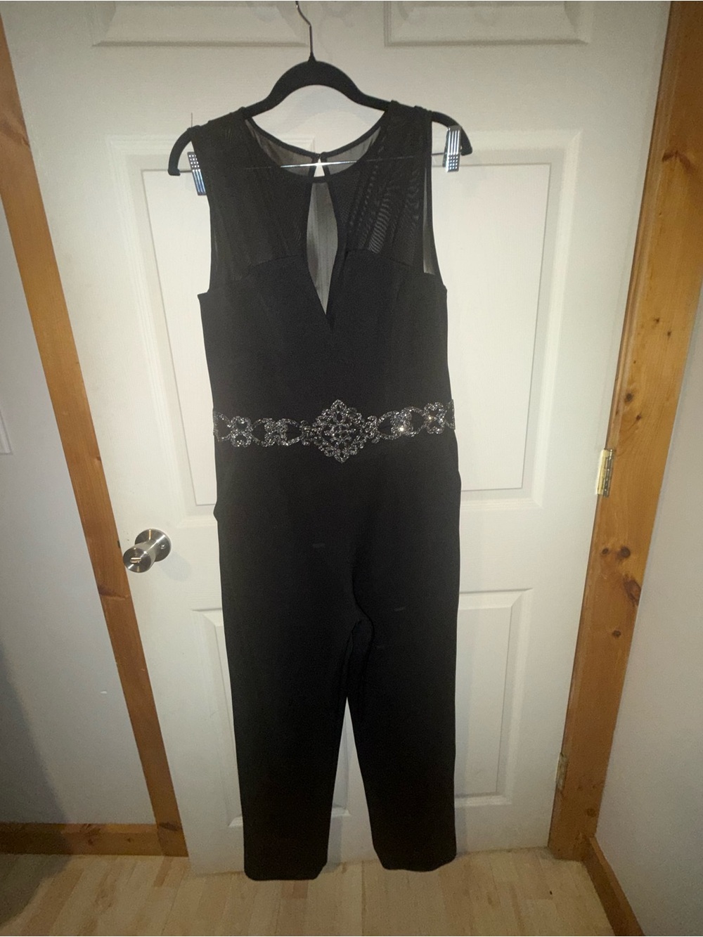 JS Boutique Black Rhinestone Waist Mesh Jumpsuit, Size 14